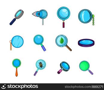 Magnifying glass icon set. Cartoon set of magnifying glass vector icons for your web design isolated on white background. Magnifying glass icon set, cartoon style