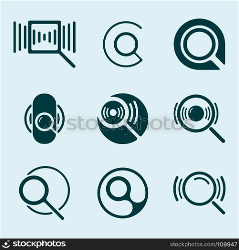 Magnifying glass icon set. Search loupe symbol. Vector illustration. Magnifying glass icon set
