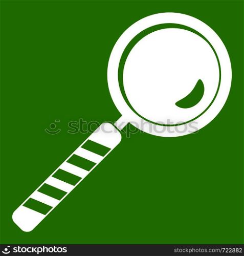 Magnifying glass icon white isolated on green background. Vector illustration. Magnifying glass icon green