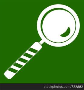 Magnifying glass icon white isolated on green background. Vector illustration. Magnifying glass icon green