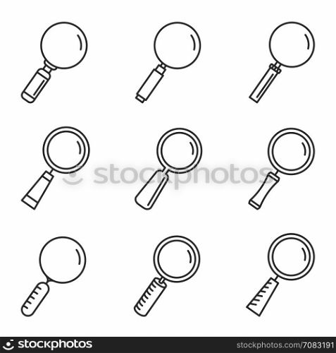 Magnifying Glass Icons. Magnifying glass line icons set, vector eps10 illustration