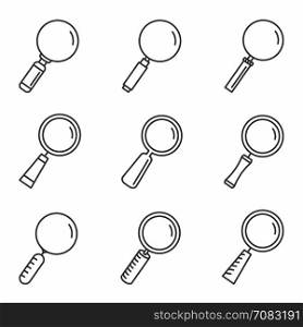 Magnifying Glass Icons. Magnifying glass line icons set, vector eps10 illustration