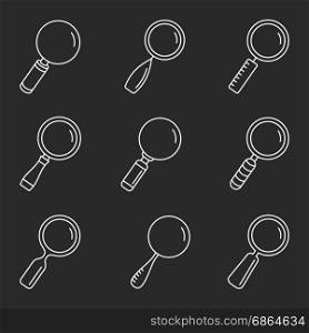 Magnifying Glass Icons. Set of 9 magnifying glass line icons on dark background, vector eps10 illustration