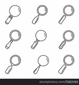 Magnifying Glass Icons. Set of 9 magnifying glass line icons, vector eps10 illustration