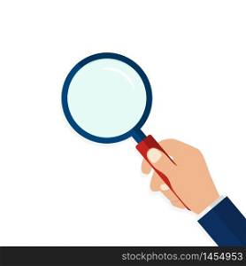 Magnifying glass in hand in flat style.Icon of hand holding a magnifying glass on isolated background.Flat lens or loupe. vector illustration. Magnifying glass in hand in flat style.Icon of hand holding a magnifying glass on isolated background.Flat lens or loupe. vector