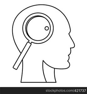 Magnifying glass inside human head icon. Outline illustration of magnifying glass inside human head vector icon for web. Magnifying glass inside human head icon