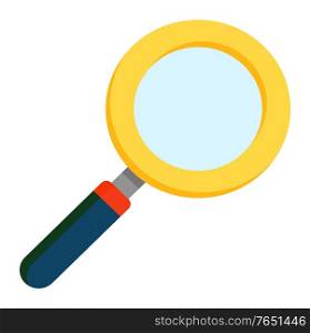 Magnifying glass isolated icon in closeup. Object for zooming image. Sign of exploration and research. Magnifier symbolizing inventions and detailed observation. Vector in flat style illustration. Magnifying Glass in Closeup, Loupe with Handle