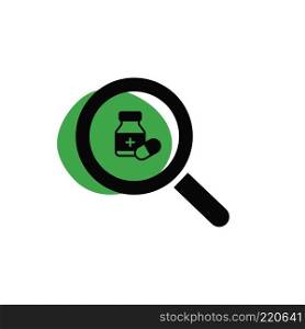 Magnifying glass looking for a medicine isolated web icon. Vector illustration