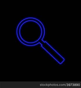 Magnifying glass neon sign. Bright glowing symbol on a black background. Neon style icon.