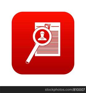 Magnifying glass over curriculum vita icon digital red for any design isolated on white vector illustration. Magnifying glass over curriculum vita icon digital red