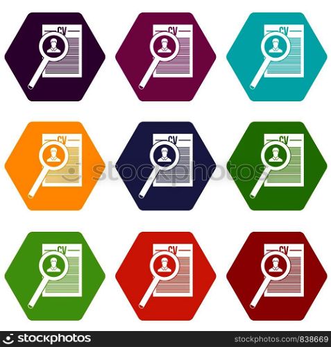 Magnifying glass over curriculum vita icon set many color hexahedron isolated on white vector illustration. Magnifying glass over curriculum vita icon set color hexahedron