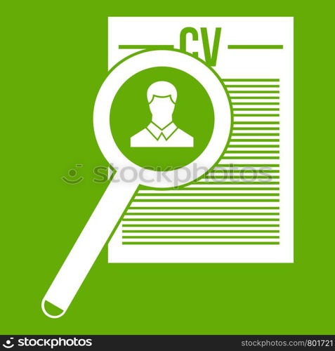 Magnifying glass over curriculum vita icon white isolated on green background. Vector illustration. Magnifying glass over curriculum vita icon green