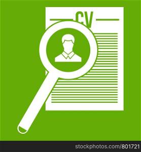 Magnifying glass over curriculum vita icon white isolated on green background. Vector illustration. Magnifying glass over curriculum vita icon green