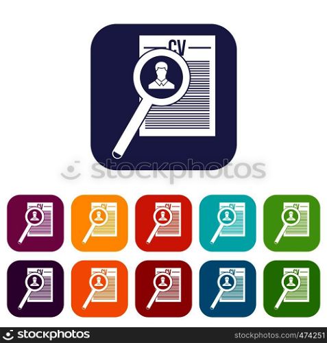 Magnifying glass over curriculum vita icons set vector illustration in flat style In colors red, blue, green and other. Magnifying glass over curriculum vita icons set