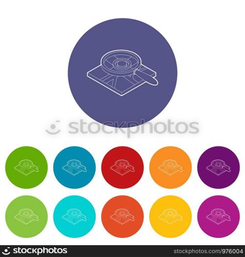 Magnifying glass over map icons color set vector for any web design on white background. Magnifying glass over map icons set vector color