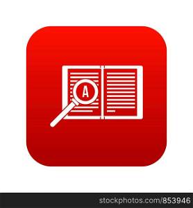 Magnifying glass over open book icon digital red for any design isolated on white vector illustration. Magnifying glass over open book icon digital red