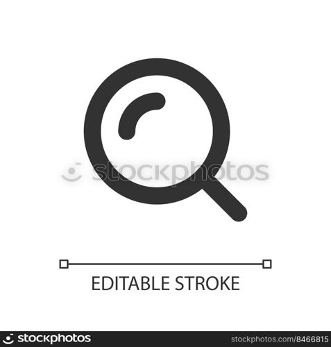 Magnifying glass pixel perfect linear ui icon. Enlarging screen. Search tool. Zoom in text. GUI, UX design. Outline isolated user interface element for app and web. Editable stroke. Arial font used. Magnifying glass pixel perfect linear ui icon