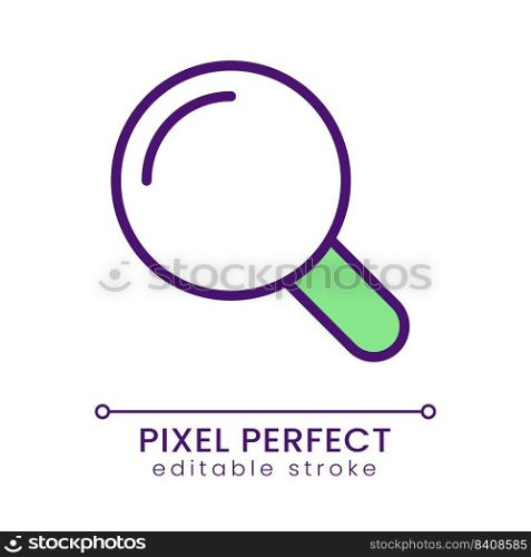 Magnifying glass pixel perfect RGB color icon. Searching on website. Investigation. Business tool. Isolated vector illustration. Simple filled line drawing. Editable stroke. Poppins font used. Magnifying glass pixel perfect RGB color icon