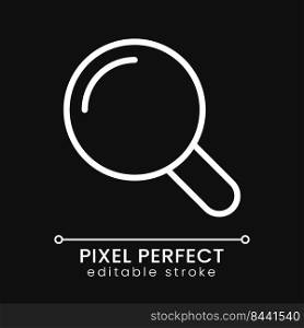 Magnifying glass pixel perfect white linear icon for dark theme. Searching on website. Business tool. Thin line illustration. Isolated symbol for night mode. Editable stroke. Poppins font used. Magnifying glass pixel perfect white linear icon for dark theme