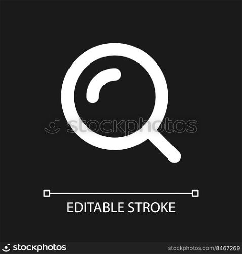Magnifying glass pixel perfect white linear ui icon for dark theme. Enlarge screen. Search tool. Vector line pictogram. Isolated user interface symbol for night mode. Editable stroke. Arial font used. Magnifying glass pixel perfect white linear ui icon for dark theme