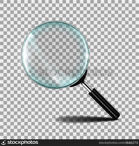 Magnifying glass. Realistic zoom lens icon with transparent glass, research loupe 3D concept. Vector magnifier zoom search tool symbol. Magnifying glass. Realistic zoom lens icon with transparent glass, research loupe 3D concept. Vector search tool symbol