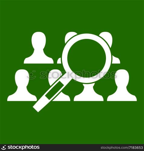 Magnifying glass searching people in simple style isolated on white background vector illustration. Magnifying glass searching icon green