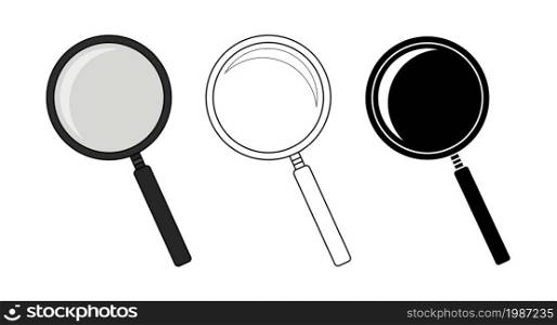 Magnifying glass tool set. Zoom icon. Color, contour, silhouette. Vector clip art illustrations isolated on white. Magnifying glass tool set