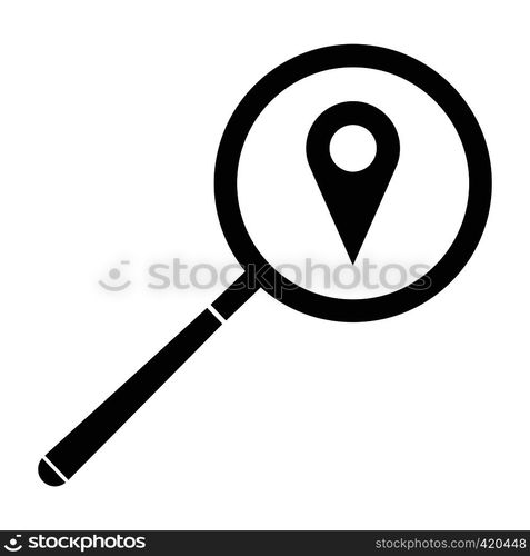 Magnifying glass with a map mark black simple icon. Magnifying glass with a map mark