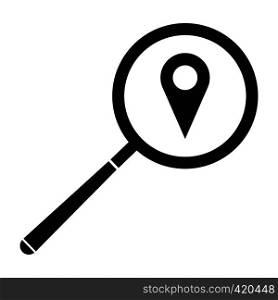 Magnifying glass with a map mark black simple icon. Magnifying glass with a map mark