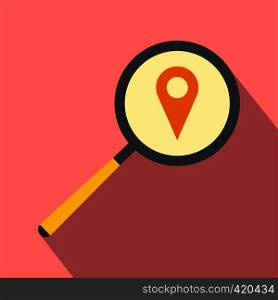 Magnifying glass with a map mark flat icon on a pink background. Magnifying glass with a map mark flat icon