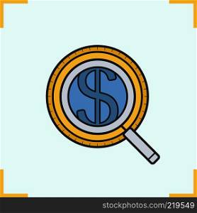 Magnifying glass with dollar sign. Color icon. Market analysis. Business analytics. Isolated vector illustration. Magnifying glass with dollar sign
