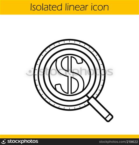Magnifying glass with dollar sign. Linear icon. Thin line illustration. Market analysis and business analytics contour symbol. Vector isolated outline drawing. Magnifying glass with dollar sign