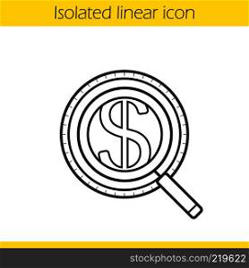 Magnifying glass with dollar sign. Linear icon. Thin line illustration. Market analysis and business analytics contour symbol. Vector isolated outline drawing. Magnifying glass with dollar sign