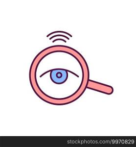 Magnifying glass with eye RGB color icon. Magnifier with eyeball. Find information. Online research. Internet search for data. Study info. Analysis and investigation. Isolated vector illustration. Magnifying glass with eye RGB color icon