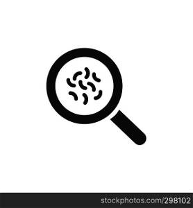 Magnifying glass with germs. Black and white bacterial microorganism icon. Isolated vector illustration
