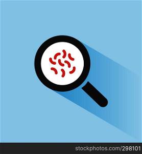Magnifying glass with germs. Color bacterial microorganism icon with shadow on a blue background. Vector illustration