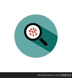 Magnifying glass with germs. Color bacterial microorganism icon with shadow on a green circle. Vector illustration