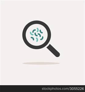 Magnifying glass with germs. Icon with shadow on a beige background. Pharmacy flat vector illustration