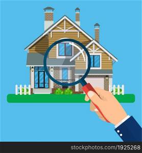 Magnifying glass with house. Real estate concept. Search for home vector icon. Vector illustration in flat style. Magnifying glass with house.