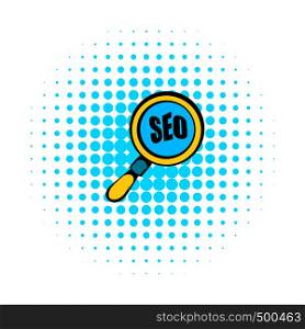 Magnifying glass with text SEO icon in comics style on a white background . Magnifying glass with text SEO icon, comics style