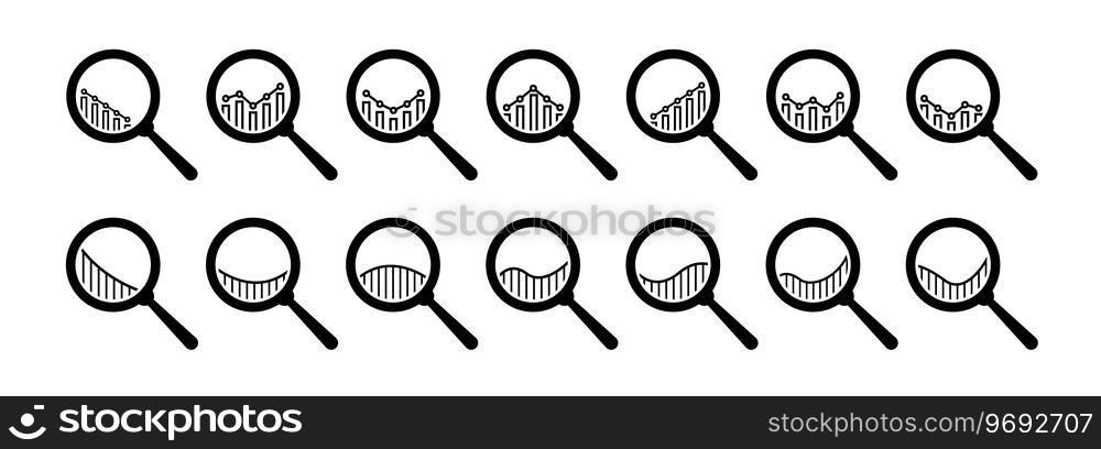 Magnifying glasses with bar charts infographic vector icon set. Business concept zoom icons. Loupe icon collection. Zoom instrument. Analytic vector icon. EPS 10