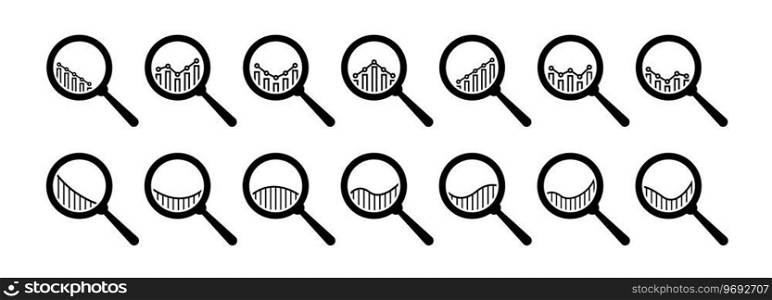 Magnifying glasses with bar charts infographic vector icon set. Business concept zoom icons. Loupe icon collection. Zoom instrument. Analytic vector icon. EPS 10