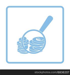 Magnifying over coins stack icon. Blue frame design. Vector illustration.
