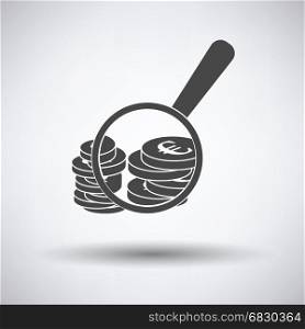 Magnifying over coins stack icon on gray background, round shadow. Vector illustration.