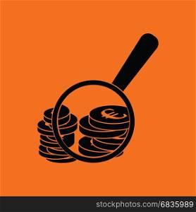 Magnifying over coins stack icon. Orange background with black. Vector illustration.