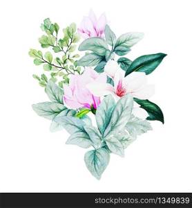 Magnolia and leaves, bright watercolor bouquet with fern and lamb ears, hand drawn vector illustration
