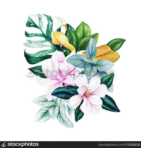 Magnolia and leaves, bright watercolor bouquet with monstera leaves, hand drawn vector illustration