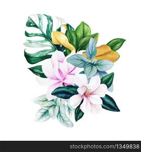 Magnolia and leaves, bright watercolor bouquet with monstera leaves, hand drawn vector illustration