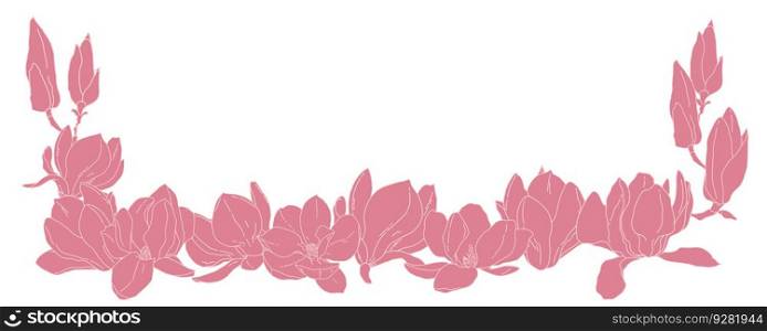 Magnolia flowers in bloom frame border template. Hand drawn realistic detailed vector illustration. Pink line and fill clipart isolated.. Magnolia flowers in bloom frame border template. Hand drawn realistic detailed vector illustration. Pink line and fill clipart.