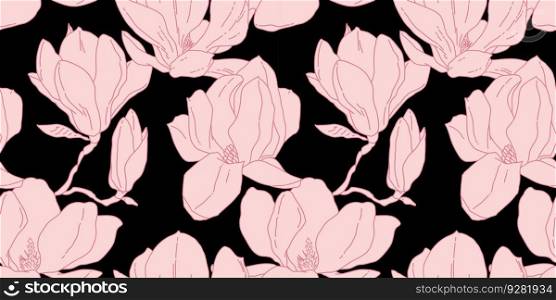 Magnolia flowers in bloom seamless pattern. Hand drawn realistic detailed vector illustration. Pink on black horizontal background art.. Magnolia flowers in bloom seamless pattern. Hand drawn realistic detailed vector illustration. Pink on black horizontal background.